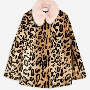 Topshop Leopard Faux Fur Coat With Pink Colar